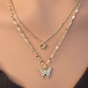 18K Gold‑Filled Double‑Layer Butterfly Necklace with Cubic Zirconia